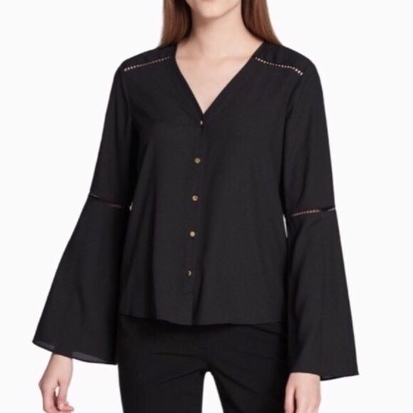 NWT CALVIN KLEIN BOHO MINIMALIST CROSS STITCH BELL SLEEVES‎ BLOUSE SMALL OFFICE - Picture 1 of 14